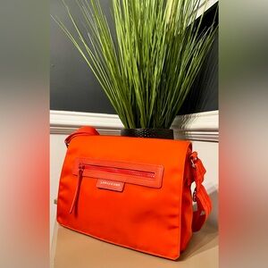 LONGCHAMP Orange Le Pliage Neo Messenger Bag with Silver Hardware